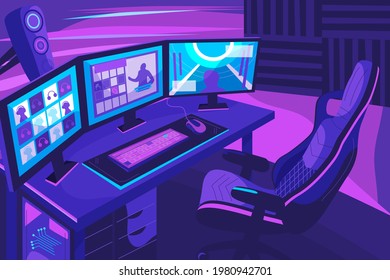 Die Zimmer sind modern und modern eingerichtet. Arbeitsplatz für Streaming. Cyberspace-Spieler sitzen und spielen Videospiel. Kopfhörer, Webcam, Tastatur.M crophone, Controller, Sessel. Vektorgrafik