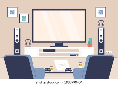  Sala de juegos, tecnología moderna. Lugar de trabajo para streaming. El jugador del ciberespacio se sienta y juega un videojuego. Auriculares de equipo, cámara web, teclado.Micrófono, controlador, sillón. Ilustración del vector