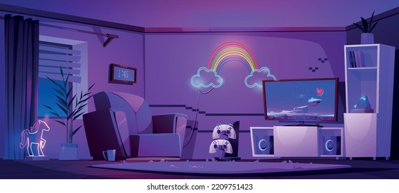 Gamer room with tv screen, play station, joysticks, chair and neon rainbow lamp on wall. Esport player home interior with game console and monitor at night, vector cartoon illustration