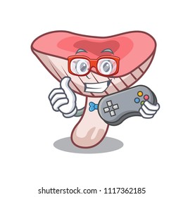Gamer russule mushroom mascot cartoon