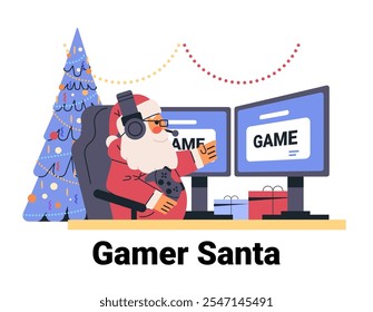 Gamer Santa playing video games on dual monitors wearing headset holding controller Christmas tree gifts festive decor holiday theme