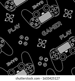 Gamer Seamless Pattern. Hand Drawing Texture, Abstract, Vintage Design For T-shirt, Textile, Black, White.