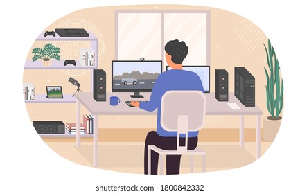 Gamer seated at his computer playing video games in his living room at home viewed from the rear, colored vector illustration