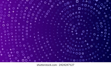 Der Gamer signiert Triangle Circle Square Plus Banner Hintergrund. Geometrisches Design für Banner, Webseiten, Präsentationen. violetter, heller Spielhintergrund. Vektorgrafik.