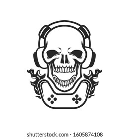 gamer skull head logo with headphones esports, with joystick fire