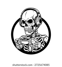 Ilustração do crânio do jogador com fone de ouvido e controlador, logotipo de jogos preto e branco