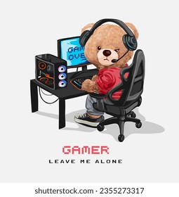 lema gamer con muñeca grumpy de oso y ilustración vectorial de configuración de escritorio