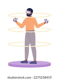 Gamer standing on VR gaming station semi flat color vector character. Editable figure. Full body person on white. Simple cartoon style spot illustration for web graphic design and animation