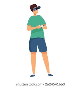 Gamer is standing and using a vr headset and controllers, immersed in a metaverse experience