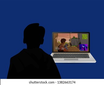 A gamer or a streamer boy at home in a dark room  playing in video games. A young man sits in front of a monitor- Vector