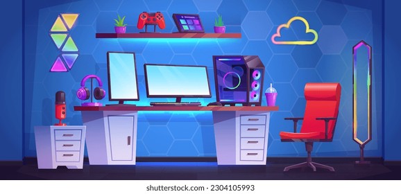 Gamer streamer room with computer desk cartoon vector background. Geek teen studio with gamepad, chair, pc table and headphones to stream illustration. Neon lamp on shelf near workstation equipment