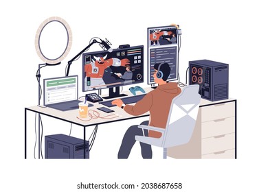 Gamer streaming while playing virtual computer game. Streamer player broadcasting video online at PC with professional setup and accessories. Flat vector illustration isolated on white background