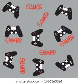 Gamer text, and controllers seamless pattern, background.  Young and happy, t-shirt graphics, posters, party concept, textile, wallpaper.