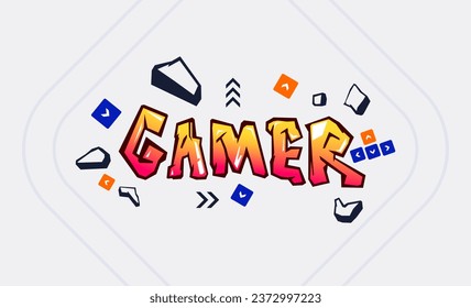 Gamer - Gamer text effect with abstract 3D object ornament around it. mural design style. Typography