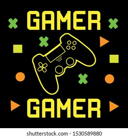 Gamer text, and geometric shapes, on black backgound. Good for textile, t-shirt, banner ,poster, print on gift.