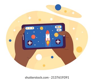 Gamer tocando el smartphone. Las manos lanzan aplicaciones de cohetes y teléfonos. Adolescente divirtiéndose y relajándose después de clases. Tecnologías modernas y mundo digital. Dibujo vectorial plano de dibujos animados