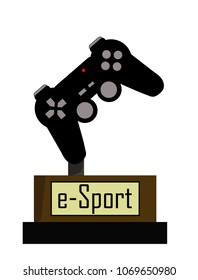 Gamer trophy of e-sport competition with first place. Prize with video games console controller at the top, concept of winning gaming competition.