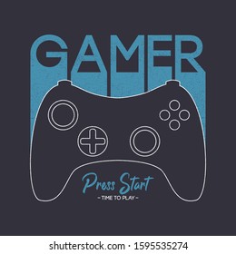 Gamer t-shirt design with gamepad and slogan. Typography graphics for apparel on video game theme. Tee shirt print with joystick or game controller. Vector illustration.