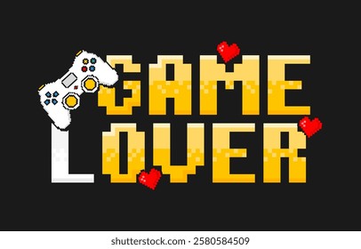 Gamer t-shirt design with pixel text slogan and gamepad. Tee shirt typography graphic for gamers with pixel joysticks or controller. Slogan print for video game concept. Vector illustration.