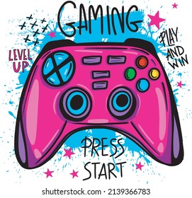 Gamer  Typography  hand drawn print with joystick. For boys and girls graphic tees