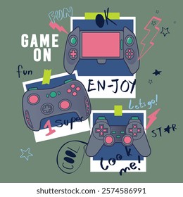 Gamer Typography hand drawn print with joystick. For boys and girls graphic tees