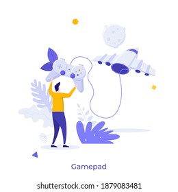 Gamer using gamepad to control flying space rocket or spacecraft. Concept of playing online video games with controller, digital entertainment. Modern flat vector illustration for banner, poster.