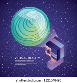 gamer using virtual reality glasses watching planet on screen