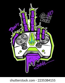 Gamer vector illustration on the black background. Bone hand with gamepad.