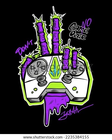 Gamer vector illustration on the black background. Bone hand with gamepad.