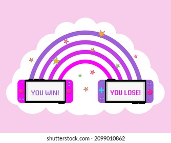 Gamer vector illustration with rainbow connecting two handheld game consoles, pixel quote You win and You lose. Gamer flat style vector illustration concept for sticker, poster, print etc.Gamer girl.