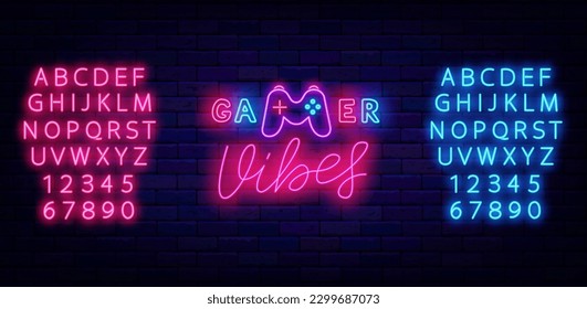 Gamer vibra la señal de neón en la pared de ladrillo. Etiqueta luminosa. Inscripción con joystick. Alfabeto azul claro y rosa. Publicidad brillante. Diseño de juegos. Concepto de realidad virtual. Ilustración de material vectorial