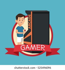 gamer with vintage arcade machine video banner blue backgroung