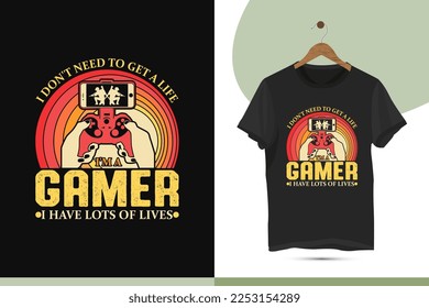 Gamer Vintage retro-style t-shirt design template. Editable and customizable gaming vector illustration for a shirt, mug, greeting card, and Poster.