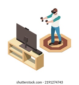 Gamer in virtual reality headset playing game on tv 3d isometric vector illustration
