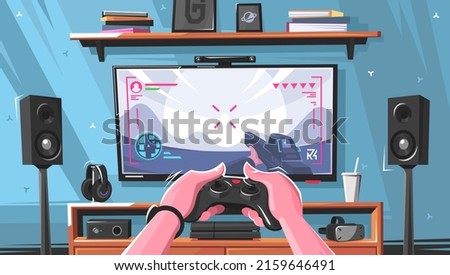 Gamer virtual reality. Player plays online games on consoles. Teenager playing a first-person shooter. Gamer at console. Gameplaying console. Joystick in hand front of screen. Vector illustration.