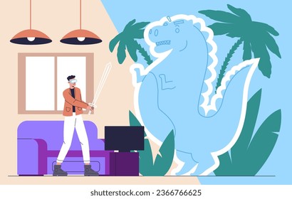 Gamer in virtual world fighting with dragon. Augmented reality. Battle simulation. Guy with VR glasses and sword. . Interactive innovation technology. Cyberspace game