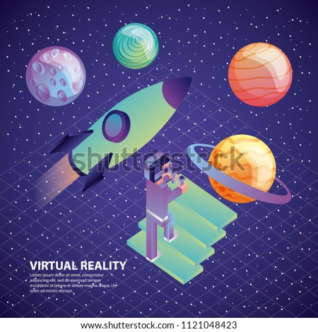 gamer with vr glasses and control climb stairs space rocket planets