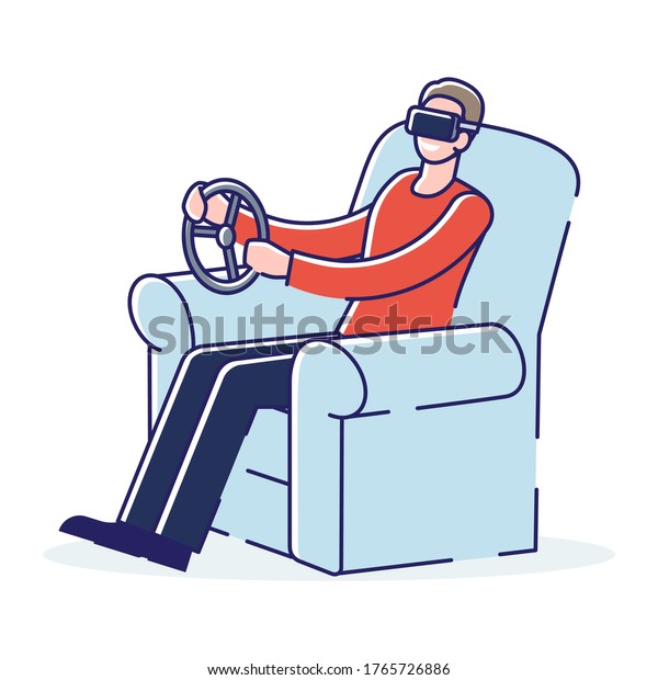 Gamer\
with VR glasses and steering wheel. Home car driving simulator for\
gaming technology. Virtual reality experience for web graphic\
design and animation. Linear vector\
illustration