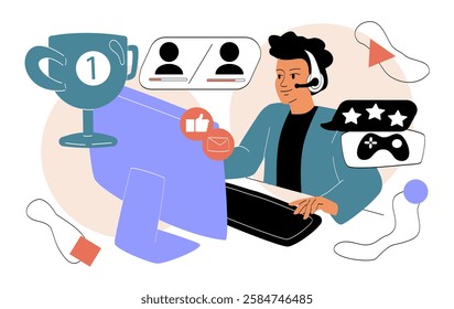 A gamer wearing a headset sits at a desk with a computer, surrounded by gaming and competition icons. The concept of online gaming and esports