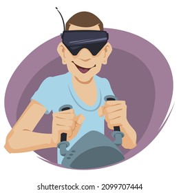 Gamer Wearing Virtual Reality Headset. Guy with game joystick. Illustration concept for mobile website and internet development.