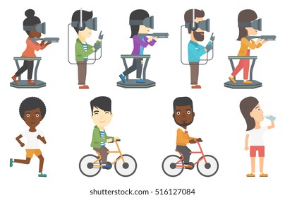 Gamer wearing virtual reality headset. Young gamer playing virtual video game while standing on a treadmill with a gun in hands. Set of vector flat design illustrations isolated on white background.
