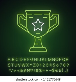Gamer winning cup neon light icon. Virtual video game prize, award. Esports championship. Winner pot of game. Glowing sign with alphabet, numbers and symbols. Vector isolated illustration