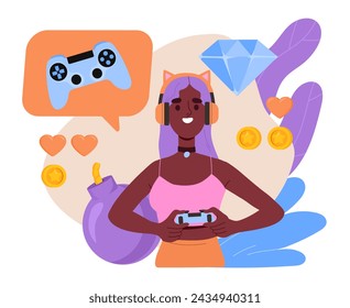 Gamer woman concept. Young girl with gamepad and controller near golden coins and diamonds. Entertainment and leisure. Cartoon flat vector illustration isolated on white background