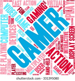 Gamer word cloud on a white background. 