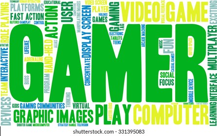 Gamer word cloud on a white background. 