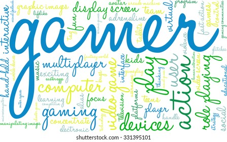 Gamer word cloud on a white background. 