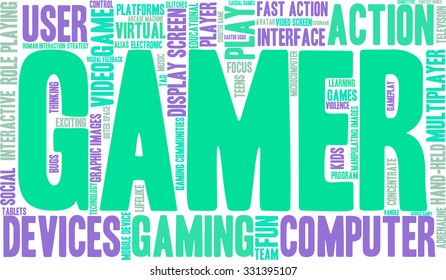 Gamer word cloud on a white background. 