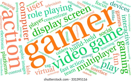 Gamer word cloud on a white background. 