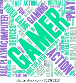 Gamer word cloud on a white background. 