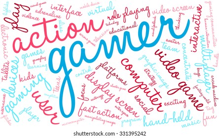 Gamer word cloud on a white background. 